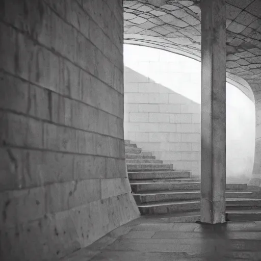 Image similar to black and white press photograph, highly detailed interior constructed only with concrete stairs, detailed textures, natural light, mist, architecture photography, film grain, soft vignette, sigma 8 5 mm f / 1. 4 1 / 1 0 sec shutter, darren aronofsky film still promotional image, imax 7 0 mm footage