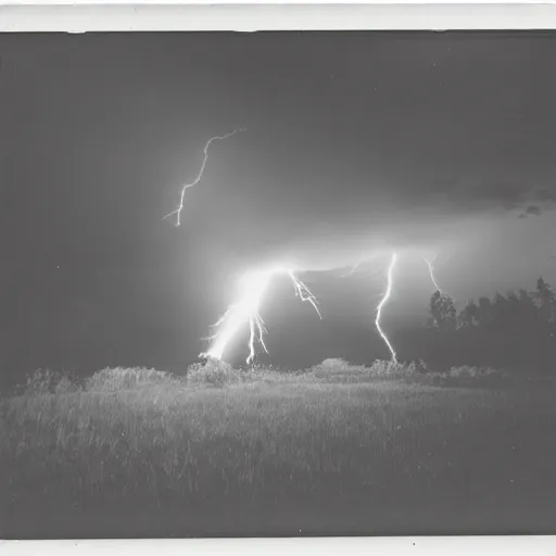 Prompt: low wide angle, old polaroid of a man being hit by a lighting strike, black and white