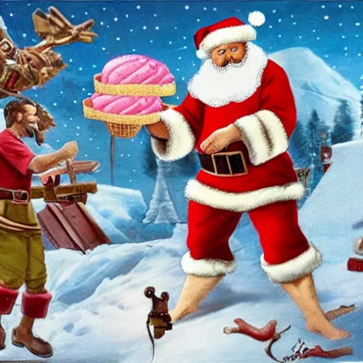 Prompt: Santa and Jesus have an epic machine gun battle whilst a pink ice cream watches on from a distance