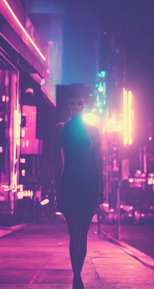 Image similar to hyperrealism, women, city, neon lights, glow, sunset, atmospheric, cinematic, retrowave style,