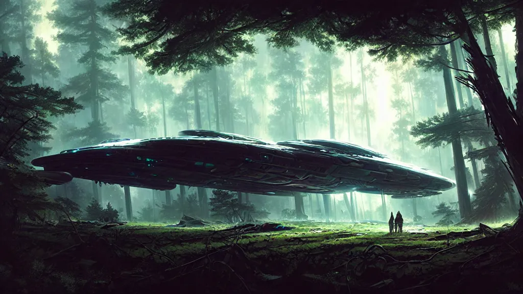 Image similar to a giant spaceship wrecked and lost in the forest, detailed digital art by greg rutkowski.