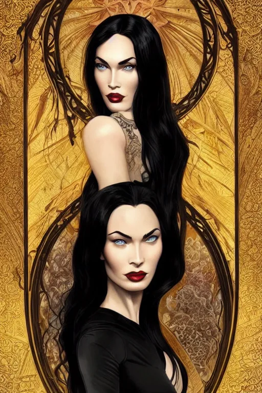 Image similar to megan fox, claudia black hybrid as morticia addams, masterpiece, intricate, elegant, highly detailed, digital painting, artstation, concept art, smooth, sharp focus, illustration, art by artgerm and greg rutkowski and alphonse mucha and uang guangjian and gil elvgren and sachin teng, symmetry!!