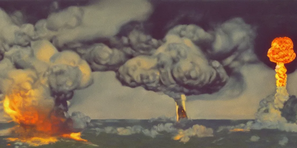 Prompt: Sacking of Washington DC, Mushroom Cloud, 1958, Oil on Canvas, Antiwar, dramatic, digital art