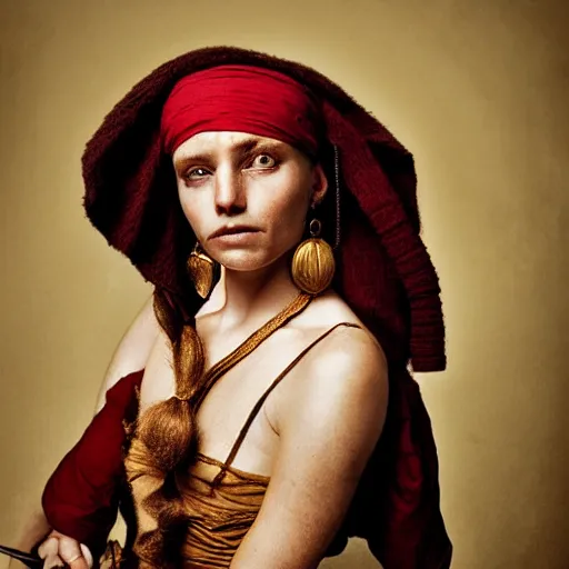 Image similar to Beautiful 17th Century Barbary Coast pirate female models with Ginger hair and Golden hooped earrings photography by Steve McCurry