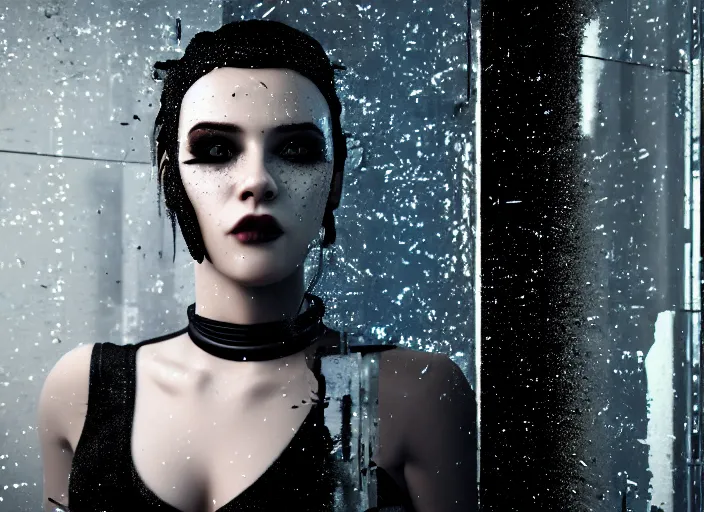 Image similar to octane render photographic portrait by quentin tarantino of a beautiful feminine man wearing black techwear and glitter makeup looking in a broken bathroom mirror, cramped new york apartment, full shot, retrofuturism cyberpunk cinematic, 8 k, hd, high resolution, ultra realistic faces, intricate detail, trending on artstation, digital painting, clockwork orange