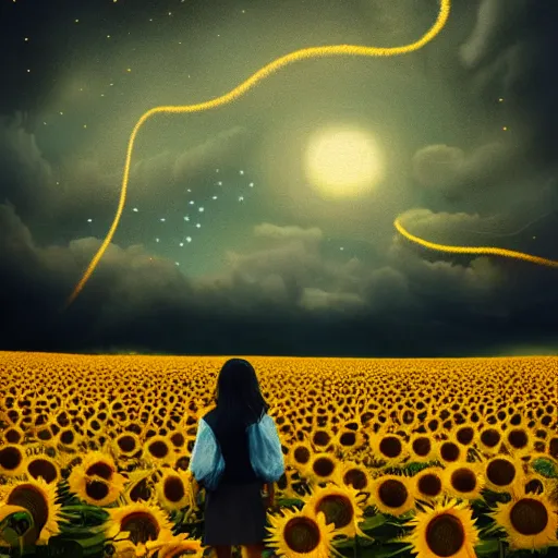 Prompt: giant sunflower face, girl walking in wheat field, hills, surreal photography, dark night, star trails, dramatic light, impressionist painting, clouds, digital painting, artstation, simon stalenhag