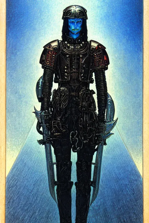 Prompt: portrait of gothic and futuristic young man, warhammer, cyberpunk armor, a lot of scars, thunderstorm, blue head, fire eyes, the middle ages, highly detailed, artstation, in the style of moebius, jugendstil and classic japanese print, art by jean delville