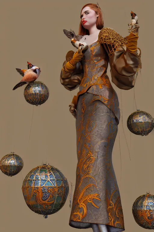 Prompt: zoom in 3 d render of english princess holding birds, ornaments, church, altar, dieselpunk, solarpunk, artstation, andrei riabovitchev