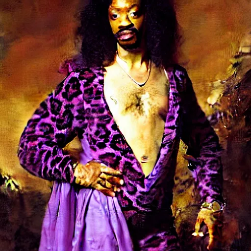 Image similar to portrait of Rick James wearing a purple leopard print leotard, masterpiece by Eugene de Blaas