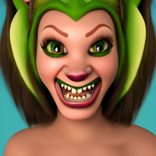 Prompt: portrait, pixar disney, waist-up angle, photo of a beautiful orcish lady, stern expression and proud posture, fantasy orc woman, sharp buck teeth, big eyes, cute smile, 8K studio photography, focus clarity, Full Shot, Strong Person that is pretty