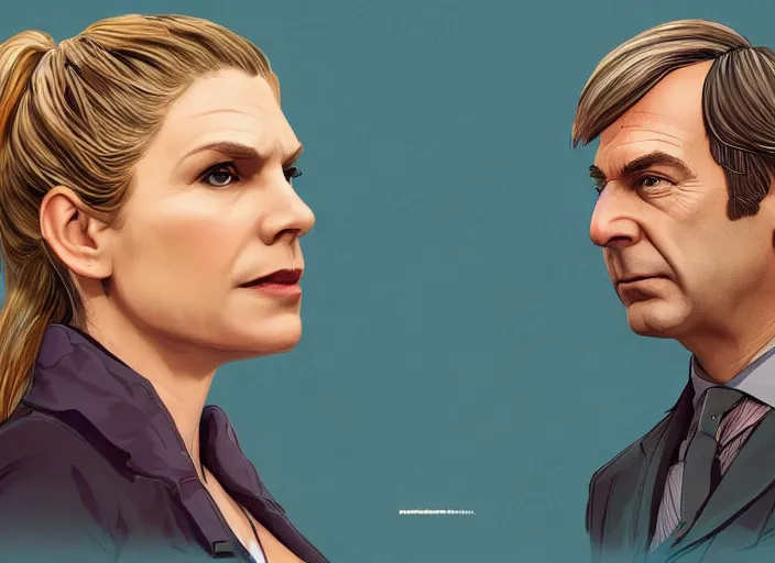 Image similar to ilustration of kim wexler and saul goodman, extremely detailed artstation, for aaa game, high quality, adobe ilustrator, behance