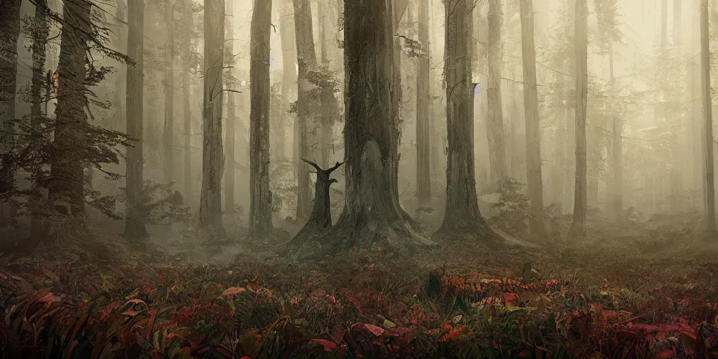 Image similar to Artwork by Filip Hodas of the cinematic view of the Forest of Horror.