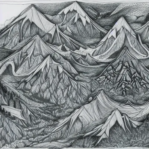 Prompt: mountains an trees in fantasy map style, high detailed drawing, drawing on wihte paper