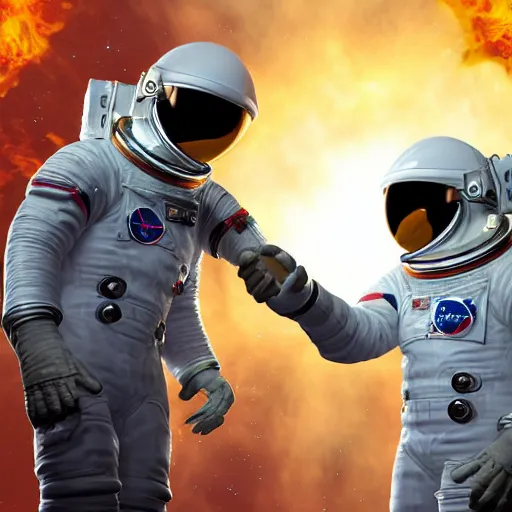 Prompt: an astronaut that’s on fire shaking hands with a space alien, realistic