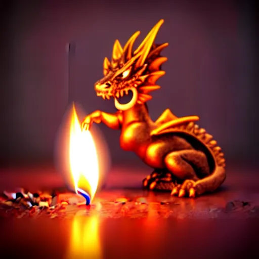 Image similar to a tiny dragon breathing fire to light a candle on a table, Artstation award winner, warm colors, unreal engine 5 render