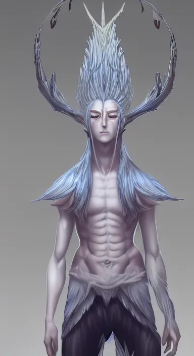 Prompt: the prince of frost standing alone in his court, single person, archfey, upper - body portrait, fantasy, white hair, blue skin, wild eyebrows, young adult, elf, crown, hard edges, soft lighting, professional lighting, trending on artstation