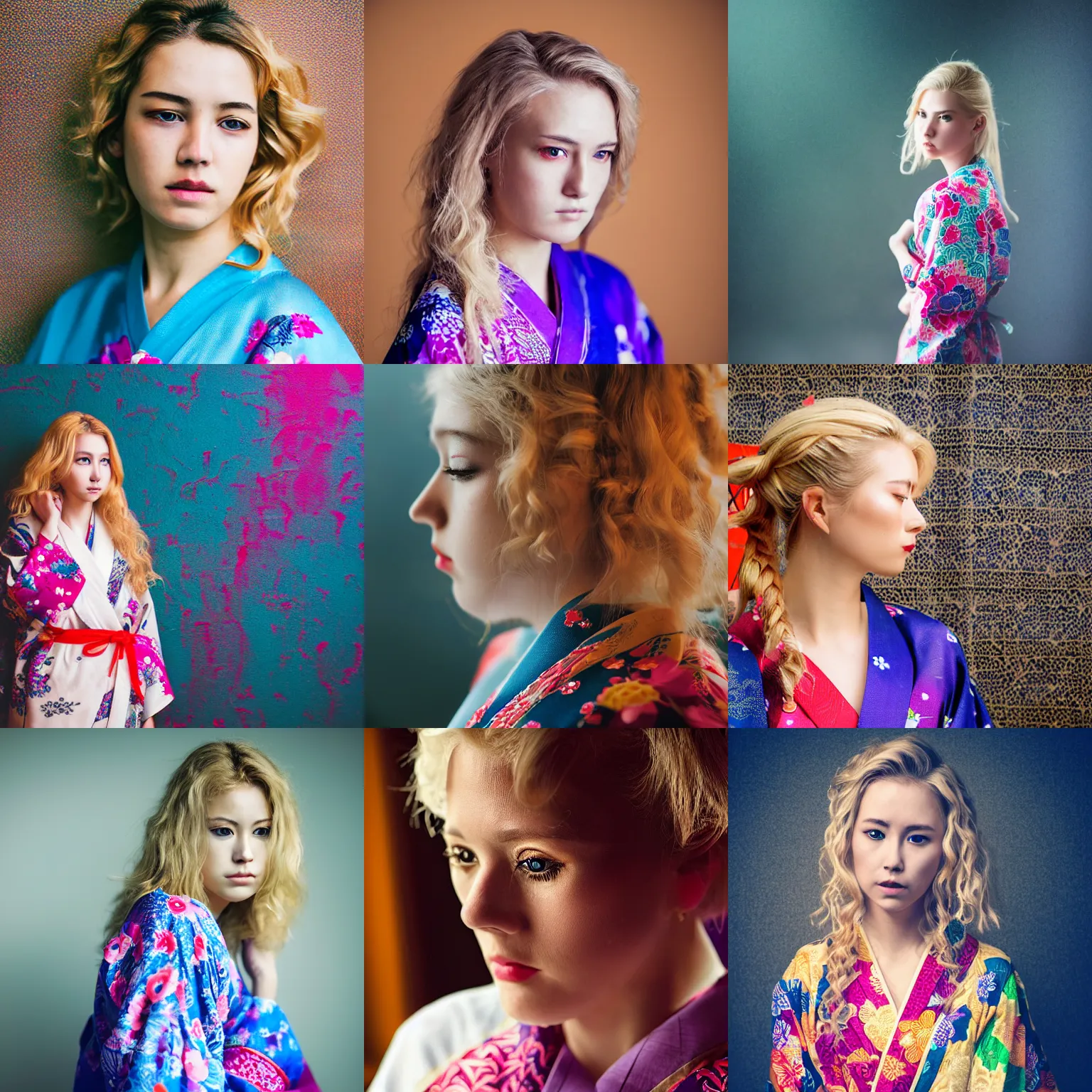 Prompt: stunning, breathtaking, awe - inspiring award - winning portrait of an attractive young white woman with wavy blonde hair, wearing a colorful yukata, extremely moody lighting, intricate, 8 k, taken with a lens