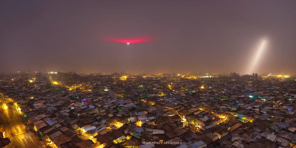 Prompt: large UFO over Ajegunle slums of lagos beaming neon rays of light, wide angle, Gold hour light,