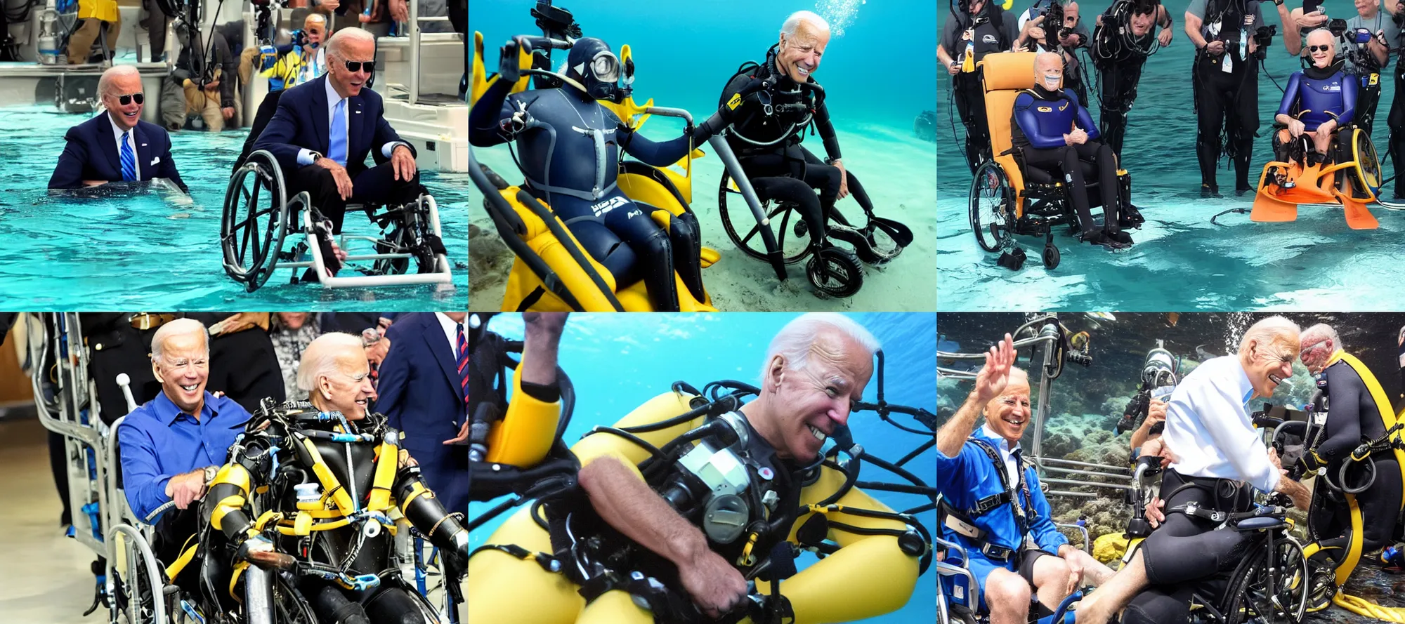 Prompt: joe biden in a wheelchair under the sea in diving suit