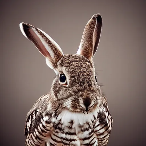 Prompt: hybrid of a rabbit and owl, photorealistic, highly detailed, studio lighting, national geographic, award winning photograph