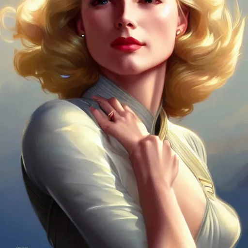 Image similar to Blonde Grace Kelly as Super Girl, western, D&D, fantasy, intricate, elegant, highly detailed, digital painting, artstation, concept art, matte, sharp focus, illustration, art by Artgerm and Greg Rutkowski and Alphonse Mucha