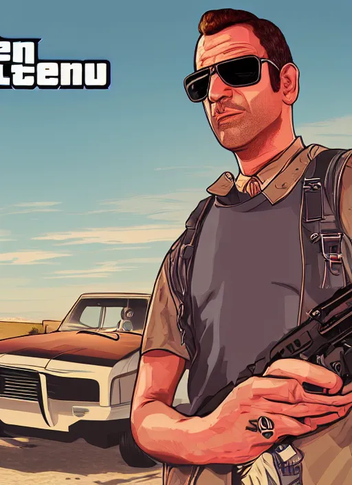 Prompt: illustration gta 5 artwork of mr steele fpv pilot, in the style of gta 5 loading screen, by stephen bliss