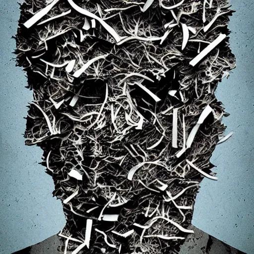 Prompt: man face shredded like paper peeling, dark, surreal, illustration, by ally burke