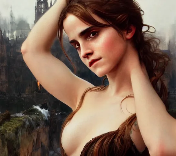 Image similar to photography of emma watson with hands - up and hairy armpits, deep focus, intricate, elegant, highly detailed, digital painting, artstation, concept art, matte, sharp focus, illustration, art by artgerm and greg rutkowski and alphonse mucha and gil elvgren