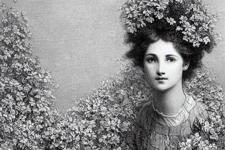 Prompt: black and white, close-up of high detailed young french woman face covered by flowers, Gustave Dore lithography