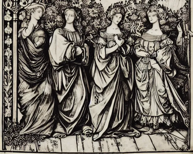 Image similar to lancelot and the four queens by william morris, monochrome,