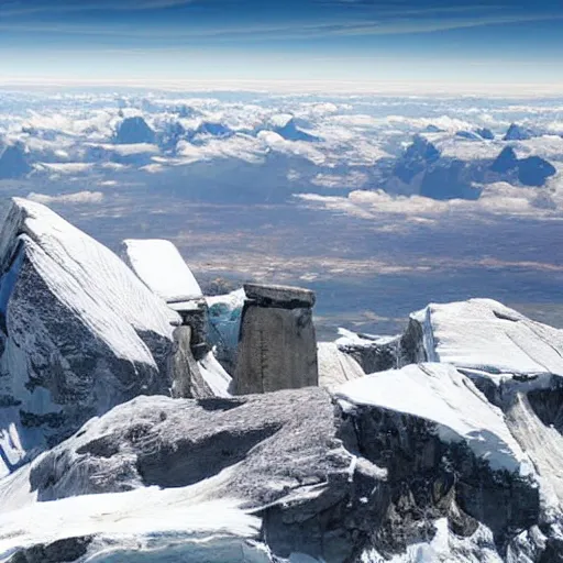 Image similar to stonehenge at the top of everest, with pyramids visible at the horizon