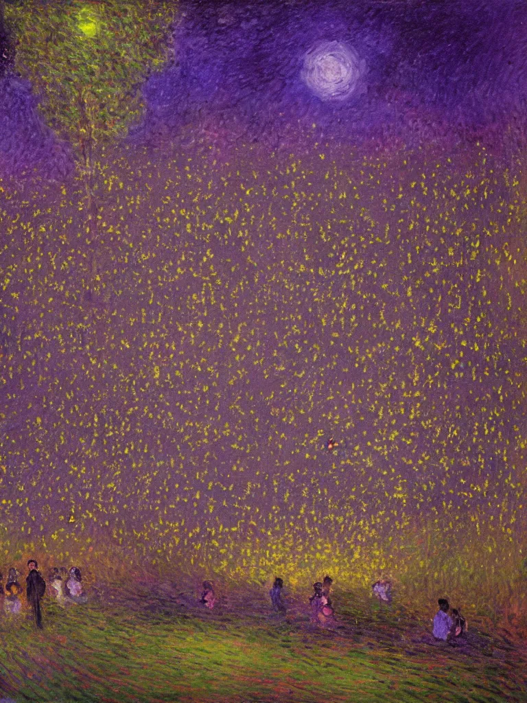 Prompt: gauzy midnight impressionist painting of fireflies in my backyard with an old apple tree waving to the left in a purple cast with people! dancing in the moonlight, intense deep dark purplish color oil painting by claude monet and piet mondrian, cosmic trending on artstation 8 k