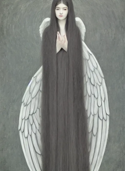 Image similar to thin young wan beautiful angel, silver hair so long, pale!, long silver hair, silver angel wings, smooth skin, wan adorable korean face, silver hair!!, style of fernand khnopff and lucien levy - dhurmer, oil on canvas, 1 8 6 2, 4 k resolution, aesthetic! beautiful!,