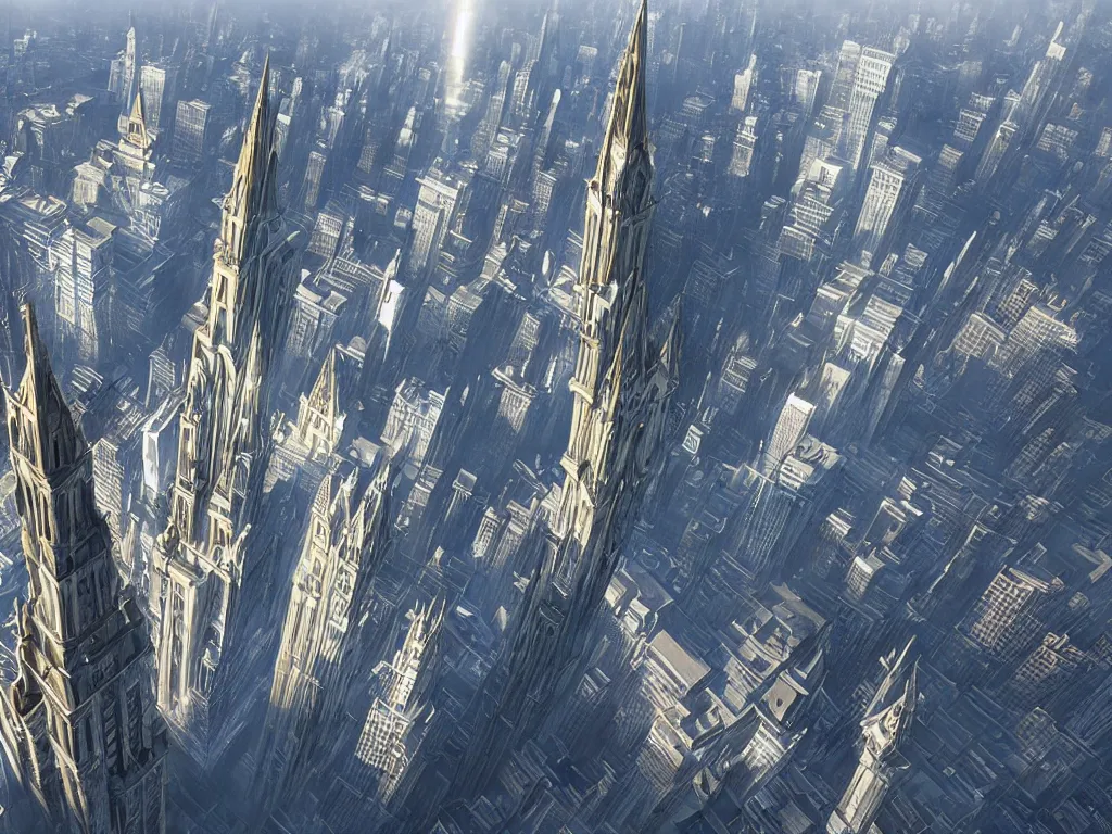 Image similar to big empty city with six extremely tall spiking towers, by artgerm and greg rutkowski and alphonse mucha, global illumination, hyperrealistic, volumetric lighting, epic cinematic shot, perfectly defined features, ambient occlusion