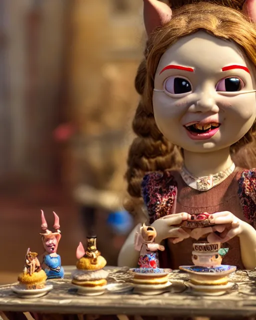 Image similar to highly detailed closeup, face profile portrait of a tin toy greta thunberg as a medieval goblin eating cakes in a castle, bikini, depth of field, nicoletta ceccoli, mark ryden, lostfish, dan decarlo, bob clampett, max fleischer, detailed and intricate environment, 8 k resolution, hyperrealistic, octane render