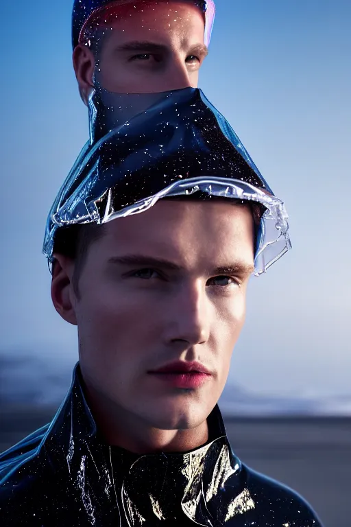 Image similar to an ultra high definition professional high fashion portrait studio full length photograph of a male model wearing a transparent pearlescent raincoat and neon visor in an icelandic black rock environment at dawn. no artefacts. extremely detailed. stark. refraction. shallow depth of field. volumetric light and shadow. ray tracing. light rays.