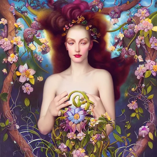 Image similar to dynamic composition, blonde woman with hair of spring flowers and vines wearing ornate earrings, ornate gilded details, pastel colors, a surrealist painting by tom bagshaw and jacek yerga and tamara de lempicka and jesse king, wiccan, pre - raphaelite, featured on cgsociety, pop surrealism, surrealist, dramatic lighting