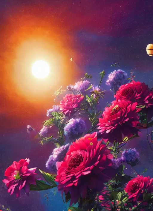 Image similar to An epic fantastic realism comic book style painting of the most beautiful flowers launched into space, bouquets, solar eclipse, fisheye, unreal 5, DAZ, hyperrealistic, octane render, dynamic lighting