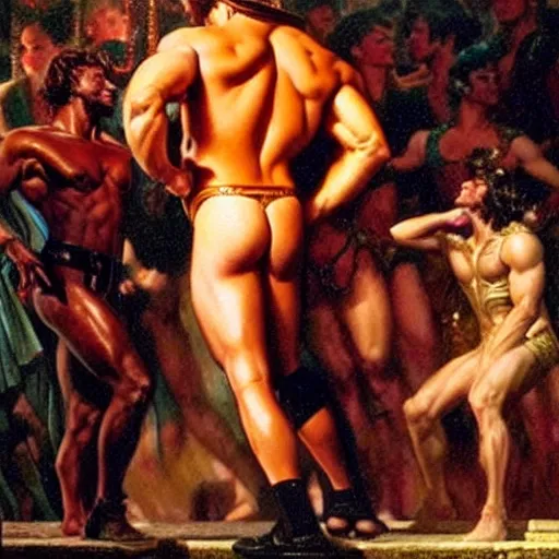 Prompt: muscular zeus wears leather at a dance club and falls in love with the handsome god jupiter, painting by gaston bussiere, craig mullins, j. c. leyendecker, tom of finland