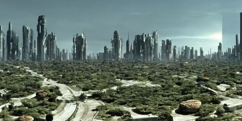 Image similar to a luxury apartment with large windows, 1 9 8 0 s science fiction, windows overlooking a lush arid mushroom jungle landscape, sci - fi film still, screenshot from a science fiction movie, ridley scott,