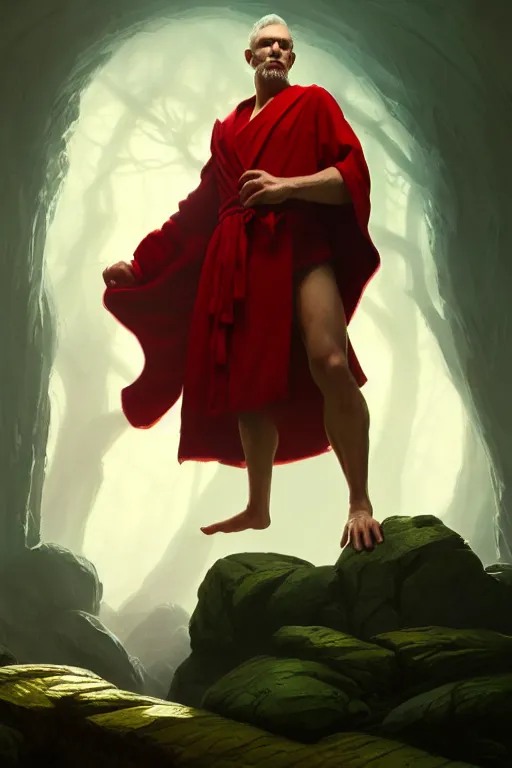 Prompt: nature sorcerer, library background, the room filled with colorful magic, red robe, male, epic, white skin, young, sharp, brown hair, beard, concept art, digital art, dynamic lighting, unreal engine, octane, in the styles of greg rutkowski, svetlin velinov and frank frazetta