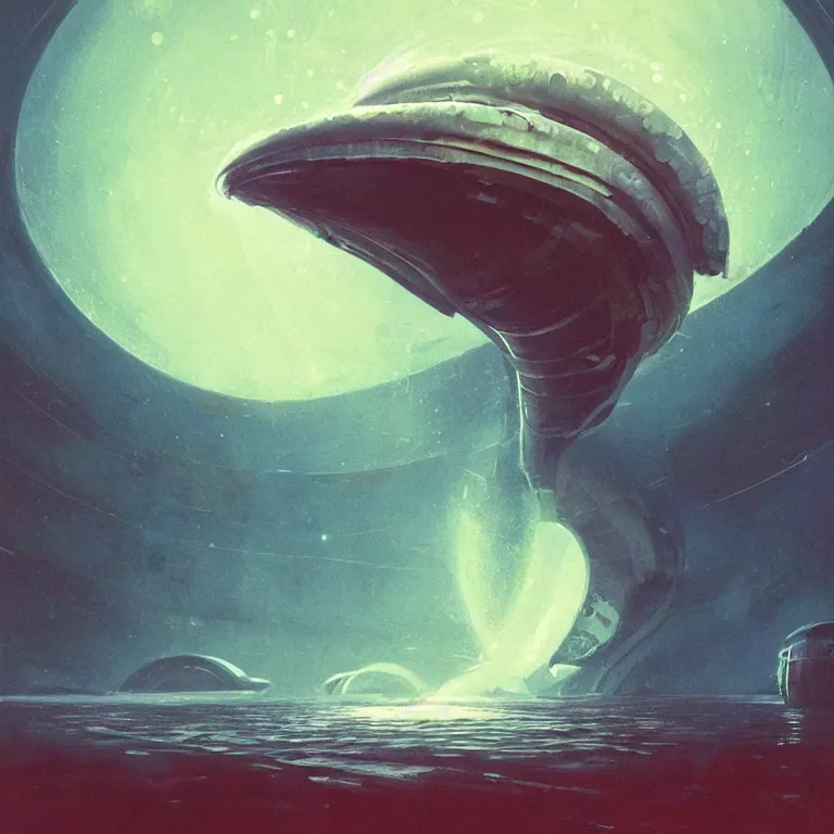 Image similar to mechanical nautilus spaceship dripping wet rising from a the ocean, sci - fi concept art, by john harris, by simon stalenhag, stunning, award winning