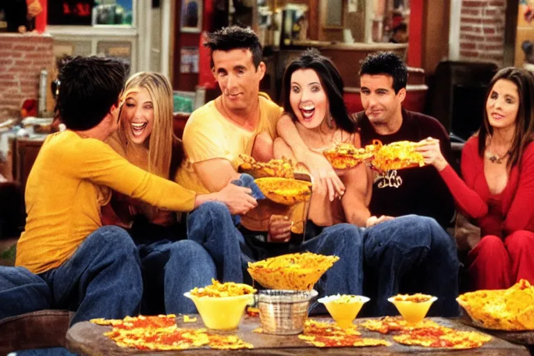 Image similar to the episode of Friends where everyone gets covered in nacho cheese