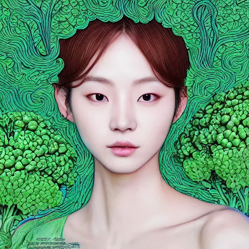 Prompt: the portrait of an unbelievably beautiful, elegant, and sophicated young yoo seung ok partially made of broccoli, an ultrafine detailed illustration by james jean, intricate linework, bright colors, final fantasy, behance contest winner, vanitas, angular, altermodern, unreal engine 5 highly rendered, global illumination, radiant light, detailed and intricate environment