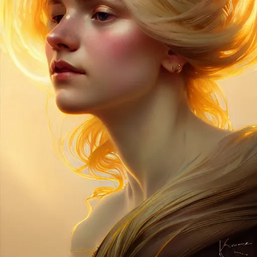 Prompt: A portrait of a blonde girl with a glowing halo surrounded by many delicate feathers, face, intricate, elegant, highly detailed, digital painting, artstation, concept art, smooth, sharp focus, illustration, art by Krenz Cushart and Artem Demura and alphonse mucha