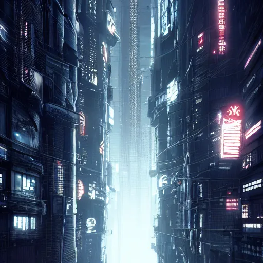 Image similar to Fully dark cyberpunk city with one building in the middle with only one window shining in style of Tsutomu Nihei. ArtStation, Cyberpunk, Vertical Symmetry, 8K, Highly Detailed, Intricate, Album Art.