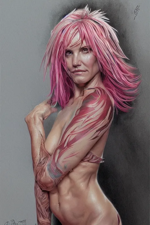 Image similar to muscled Cameron Diaz as a ruggedly handsome hero wearing pink feathers, intricate, elegant, tasteful, highly detailed, centered, digital painting, artstation, concept art, smooth, sharp focus, illustration, art by artgerm and donato giancola and Joseph Christian Leyendecker, WLOP