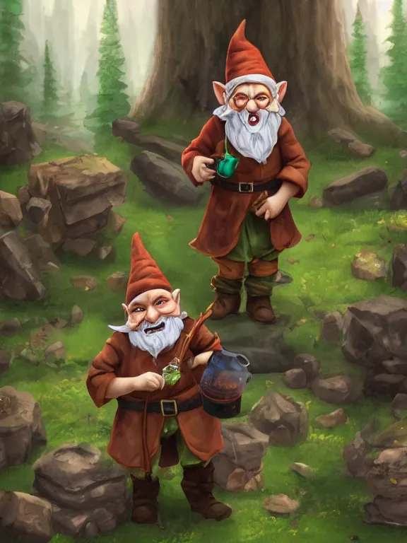 Image similar to evil alchemist gnome, brown tuffle coat, evil smile, flasks in hands, giving flasks to other gnomes, dnd, forest background, matte painting, midjourney