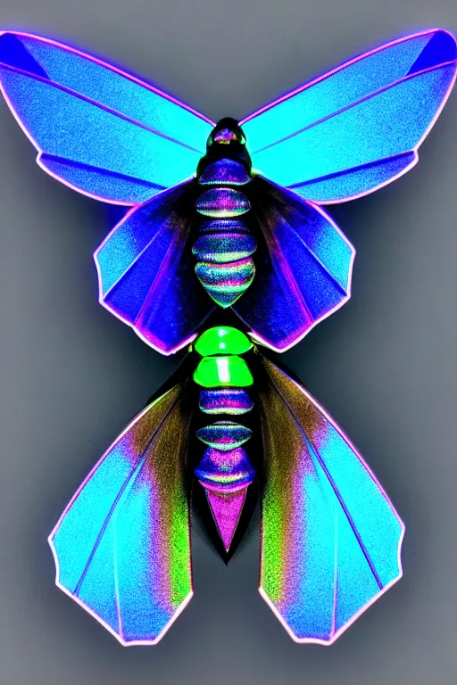 Prompt: high quality macro photo gothic iridescent moth! jewelled gorgeous! highly detailed david ligare elson peter cinematic blue neon lighting high quality low angle hd 8k sharp shallow depth of field