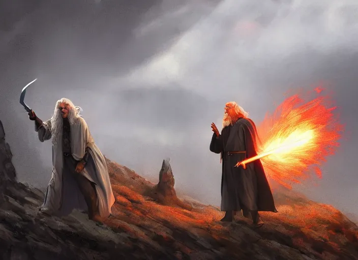 Prompt: gandalf throwing a fire bolt from the floor at darth vader, beautiful landscape, dramatic lighting, cinematic, establishing shot, night time, heavy rain, extremly high detail, photorealistic, cinematic lighting, post processed, concept art, artstation, matte painting, style by greg rutkowsky